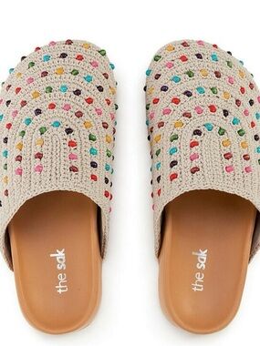 The Sak Beige Crochet Slide Mules with Multicolor Studs